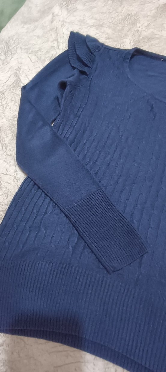 Kadın Mavi Keten Uzun Kollu Fırfırlı Kazak - Görsel 3