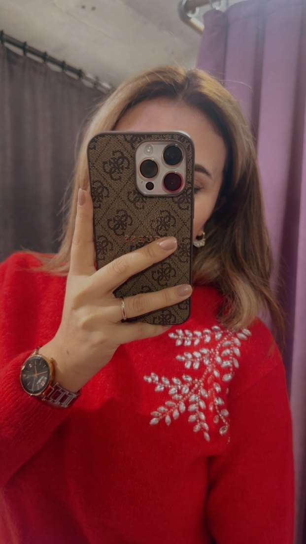 Kırmızı Nakışlı Örgü Bohem Kadın Kazak - Görsel 3