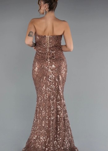 Drapeli Straplez Payetli Uzun Abiye Elbise - Görsel 2