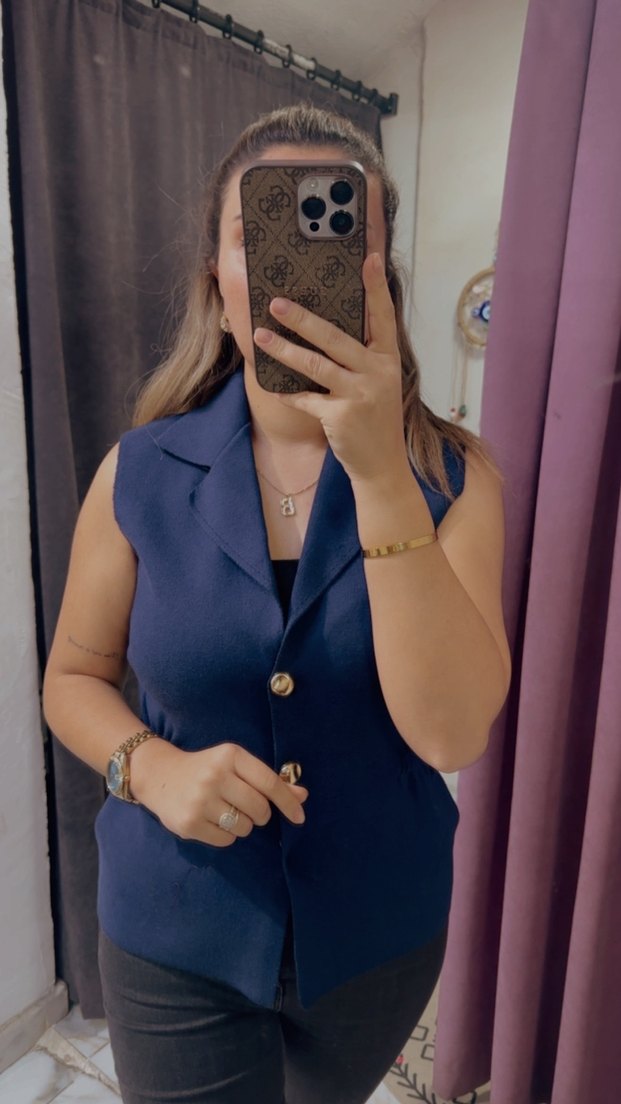 Düğmeli Kolsuz Mavi Denim Blazer - Görsel 3