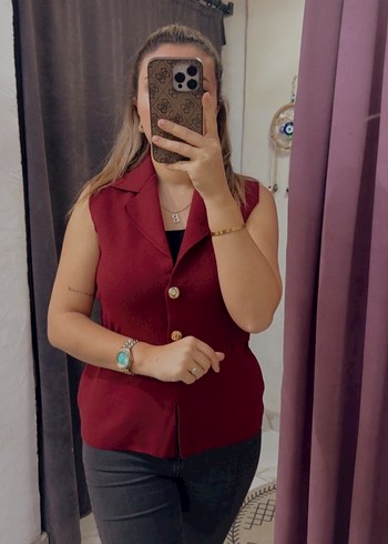 Bordo Düğmeli Kolsuz Midi Blazer - Görsel 2