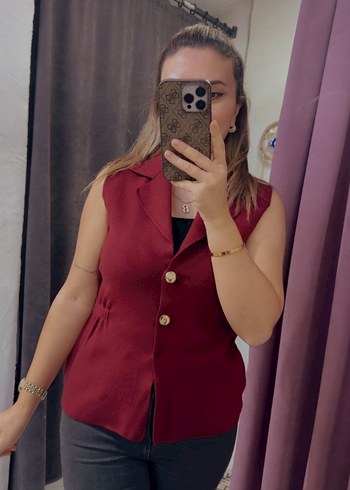Bordo Düğmeli Kolsuz Midi Blazer - Görsel 3
