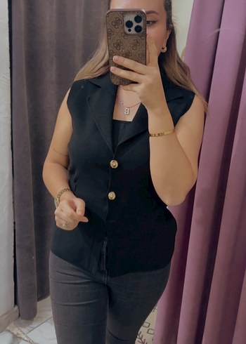 Siyah Deri Düğmeli Kolsuz Blazer - Görsel 2