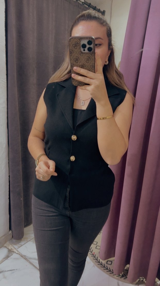 Siyah Deri Düğmeli Kolsuz Blazer - Görsel 2