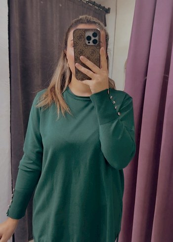 Düğmeli Uzun Kollu Yeşil Kadın Triko - Görsel 3