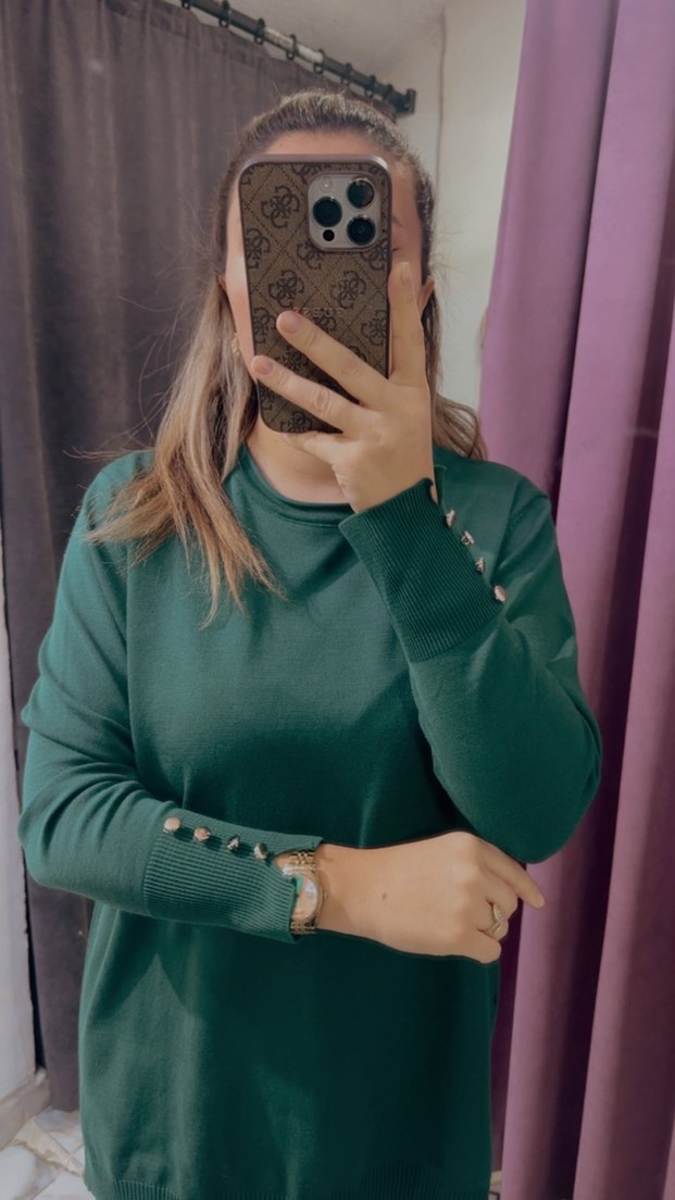 Düğmeli Uzun Kollu Yeşil Kadın Triko - Görsel 2