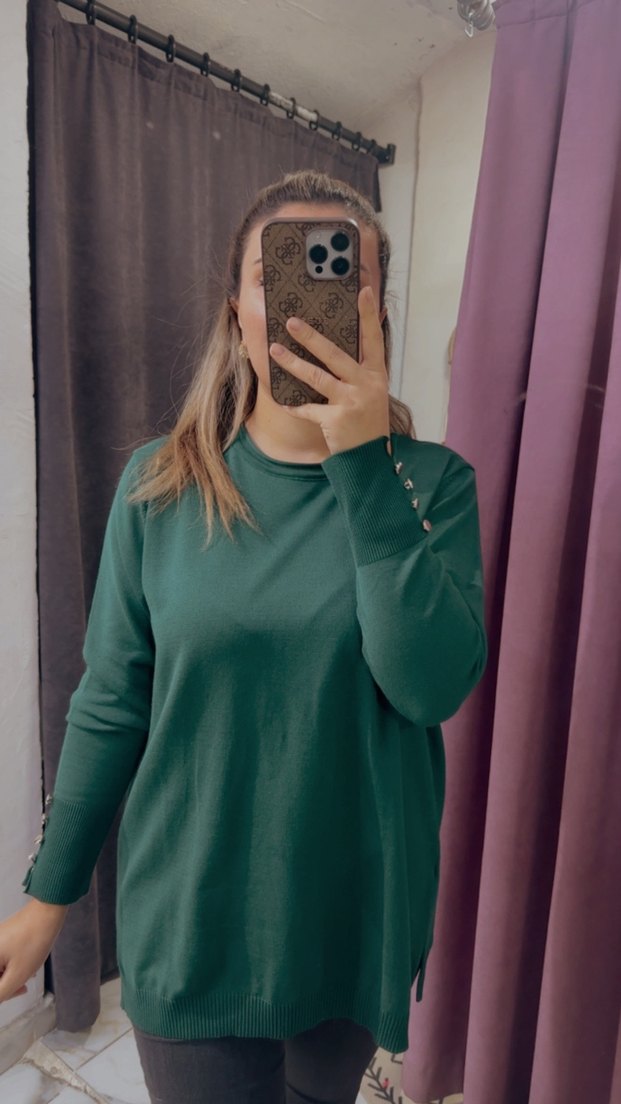 Düğmeli Uzun Kollu Yeşil Kadın Triko - Görsel 3