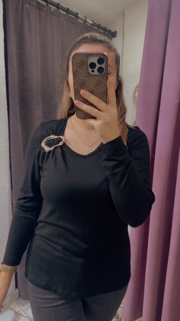 Siyah Süet Uzun Kollu V Yaka Bluz - Görsel 2