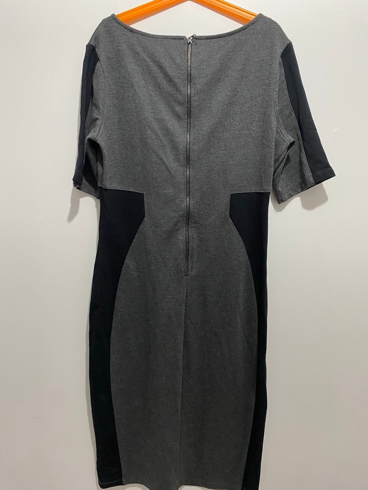 Gri Midi Kadın Ofis Elbisesi Kemer Detaylı - Görsel 2