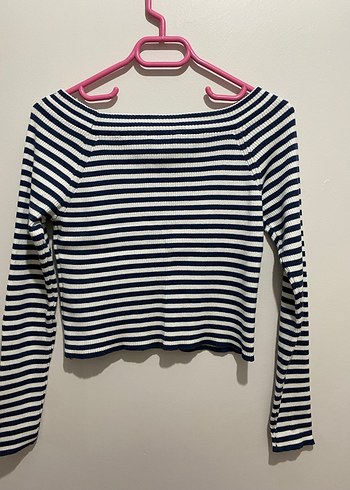 Çizgili Mavi Kayık Yaka Kadın Triko - Görsel 5