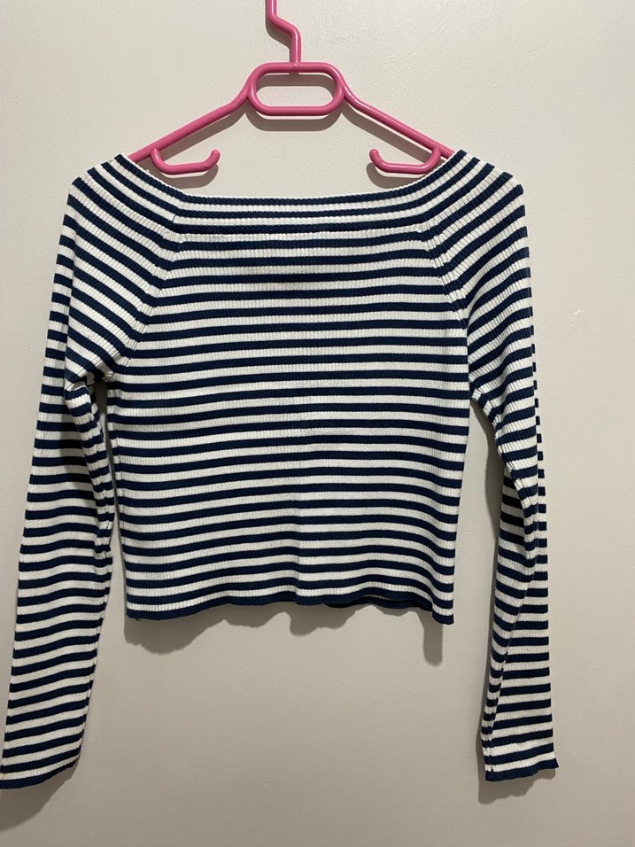 Çizgili Mavi Kayık Yaka Kadın Triko - Görsel 5