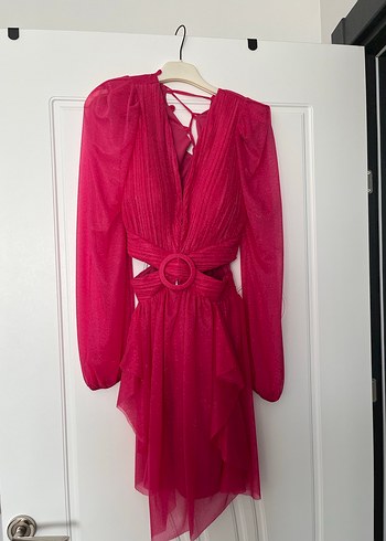 Pembe V Yaka Mini Fırfırlı elbise - Görsel 4