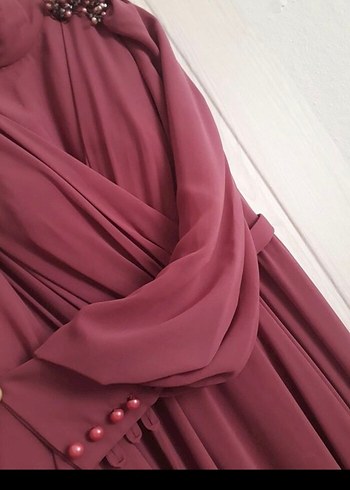 Uzun Mor Drapeli Tesettür Abiye Elbise - Görsel 5