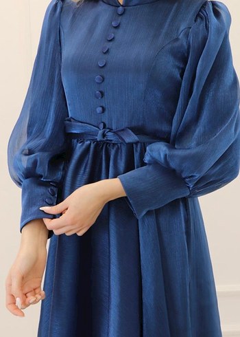 Düğmeli Lacivert Vintage Uzun Elbise - Görsel 2