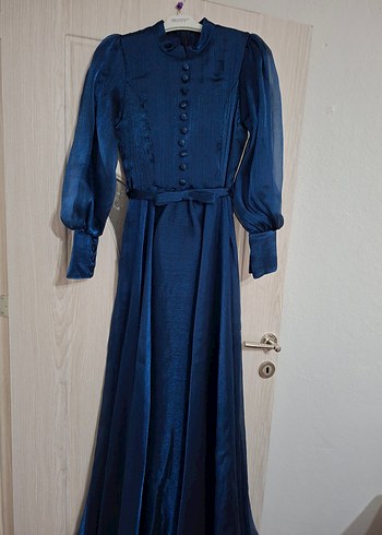 Düğmeli Lacivert Vintage Uzun Elbise - Görsel 6
