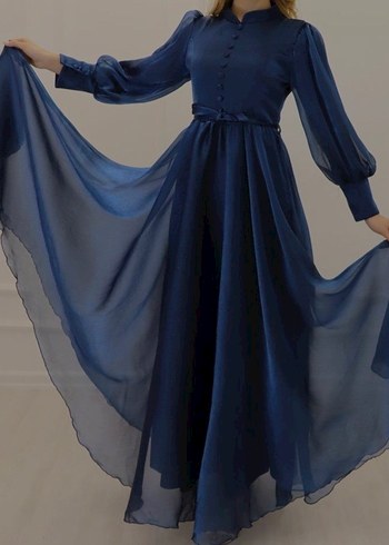 Düğmeli Lacivert Vintage Uzun Elbise - Görsel 3