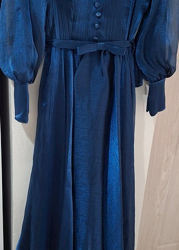 Düğmeli Lacivert Vintage Uzun Elbise - Görsel 5