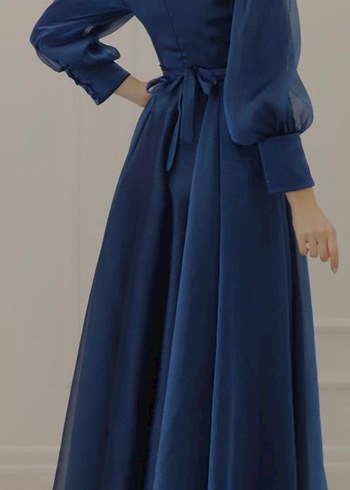 Düğmeli Lacivert Vintage Uzun Elbise - Görsel 4