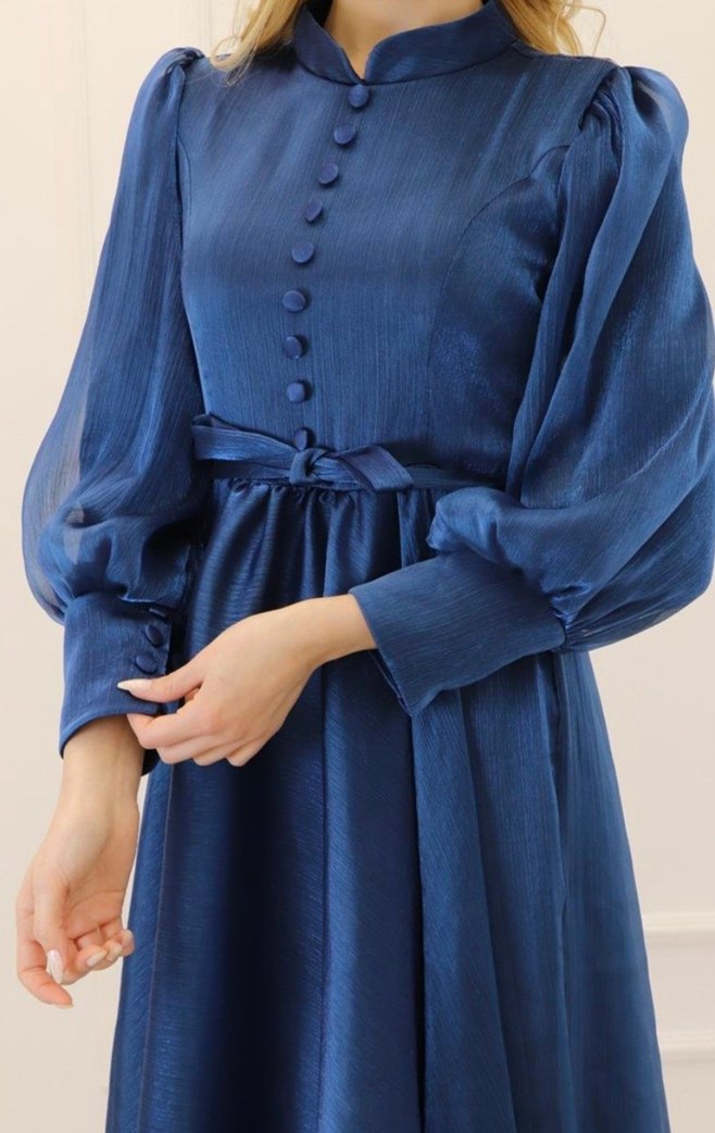 Düğmeli Lacivert Vintage Uzun Elbise - Görsel 2