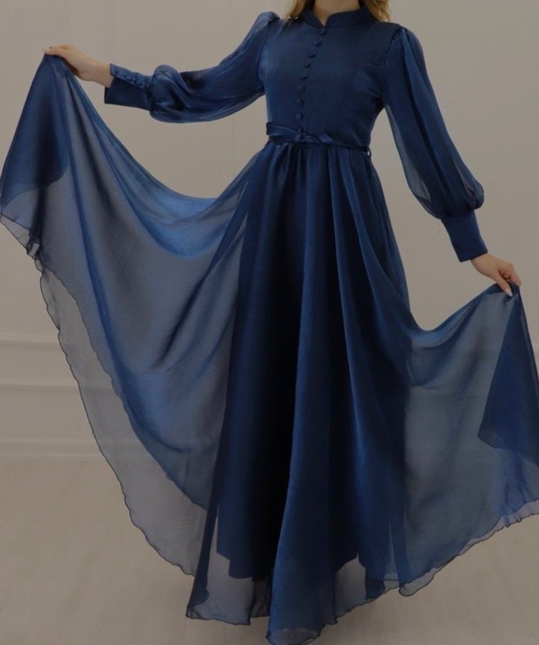 Düğmeli Lacivert Vintage Uzun Elbise - Görsel 3