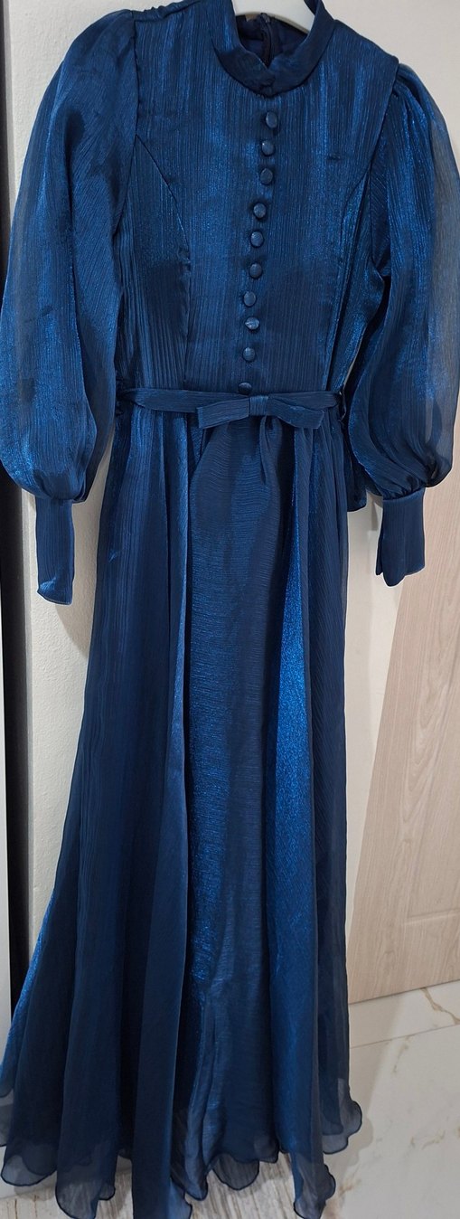 Düğmeli Lacivert Vintage Uzun Elbise - Görsel 5