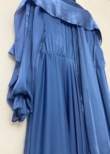 Uzun Kollu Mavi Kadın Uzun Elbise - Görsel 3