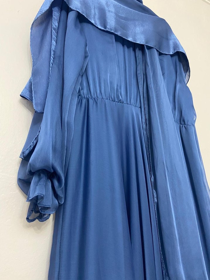 Uzun Kollu Mavi Kadın Uzun Elbise - Görsel 3