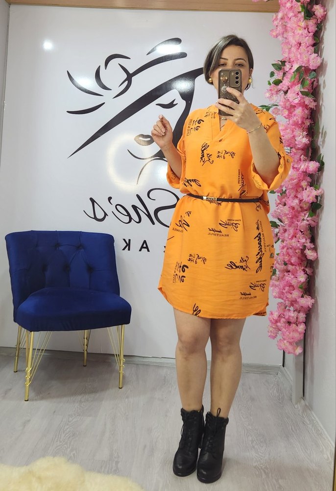 Turuncu Baskılı Kadın ithal Mini Elbise - Görsel 2