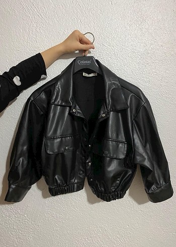 Deri Siyah Mini Kadın Ceket - Görsel 2