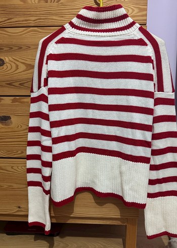 Kırmızı Çizgili Örgü Kadın Kazak - Görsel 2