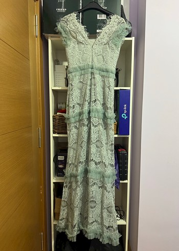 Turkuaz Dantel İşlemeli Uzun Bohem Kadın Elbise - Görsel 2