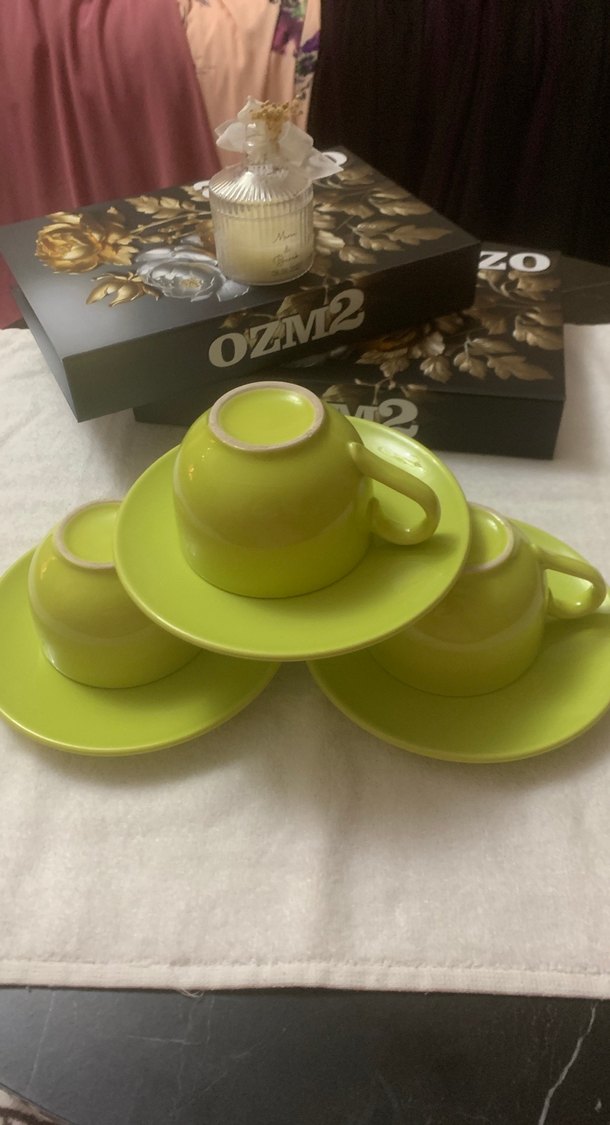 Renkli Yeşil Seramik Fincan ve Tabak Seti 6 li  set - Görsel 2