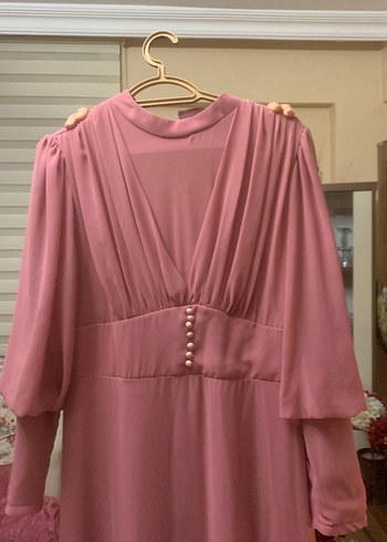 Pembe Vintage V Yaka Uzun Elbise - Görsel 3