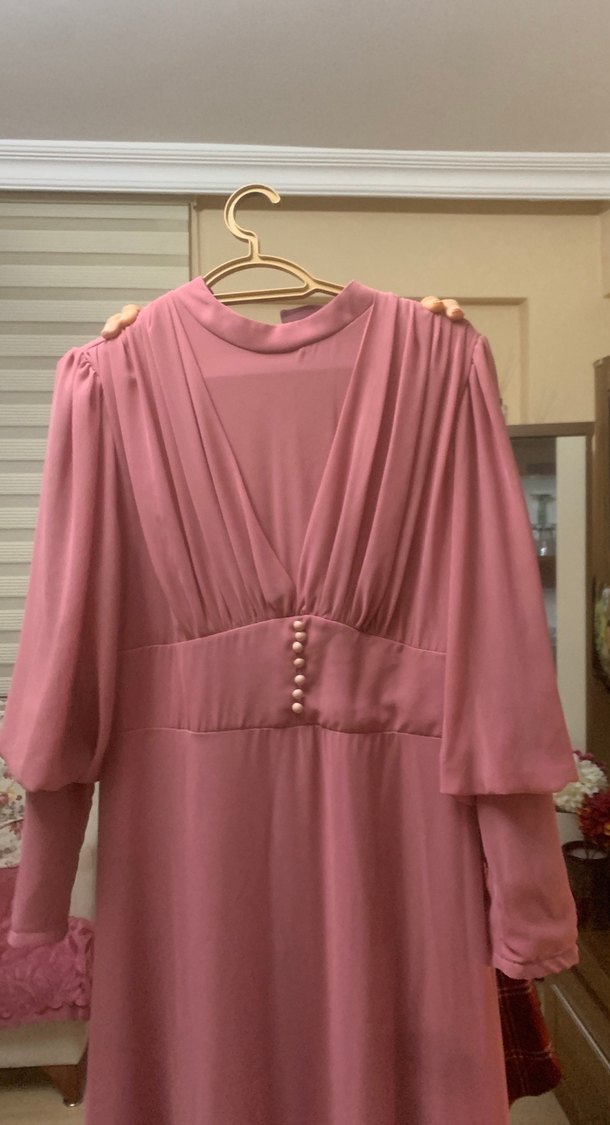 Pembe Vintage V Yaka Uzun Elbise - Görsel 3