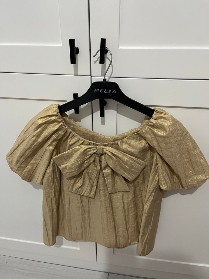 Zara çocuk Bej Parlak Keten Mini Bluz Fiyonklu - Görsel 4