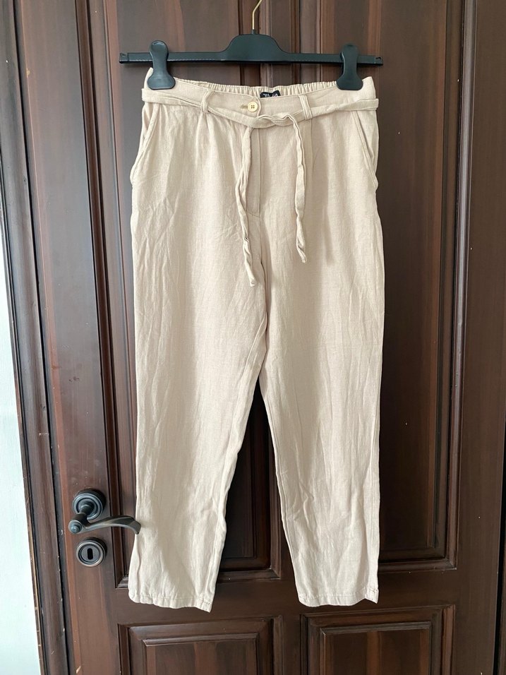 Bej Kemerli Keten Kadın havuç  Pantolon - Görsel 2