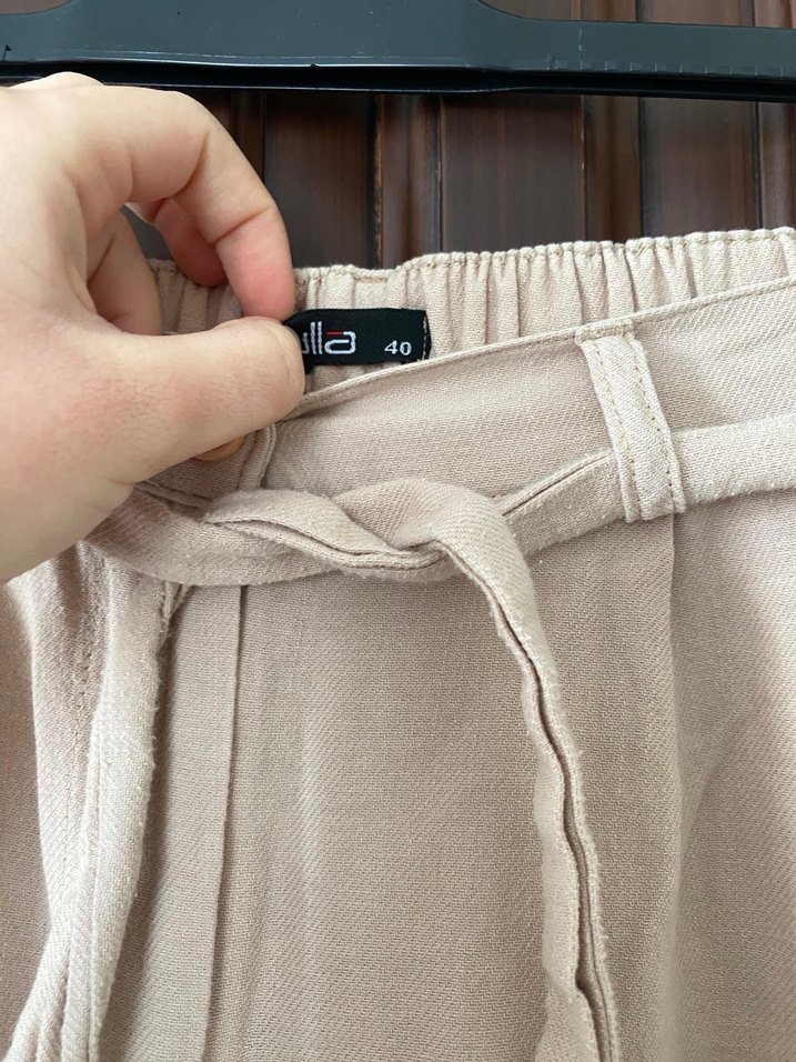 Bej Kemerli Keten Kadın havuç  Pantolon - Görsel 3