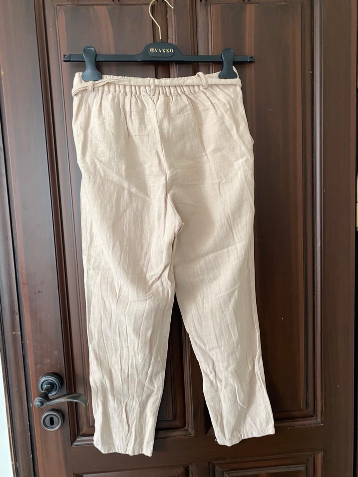 Bej Kemerli Keten Kadın havuç  Pantolon - Görsel 4