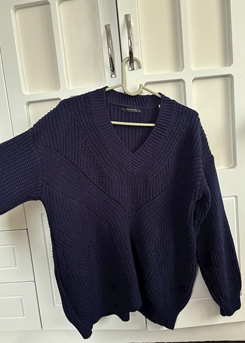 Lacivert V Yaka Örgü Kadın Kazak - Görsel 2