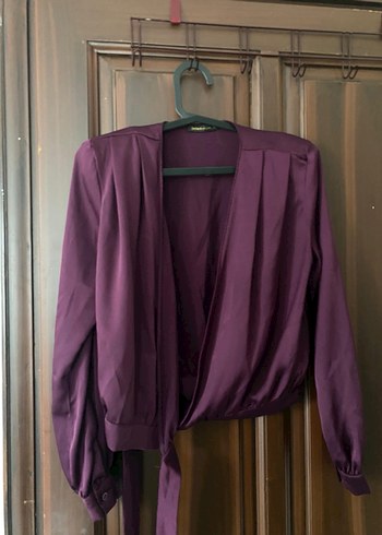 Kadın Mor Drapeli V Yaka Bluz gömlek saten - Görsel 3