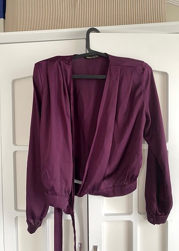 Kadın Mor Drapeli V Yaka Bluz gömlek saten - Görsel 2