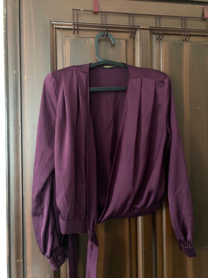 Kadın Mor Drapeli V Yaka Bluz gömlek saten - Görsel 3