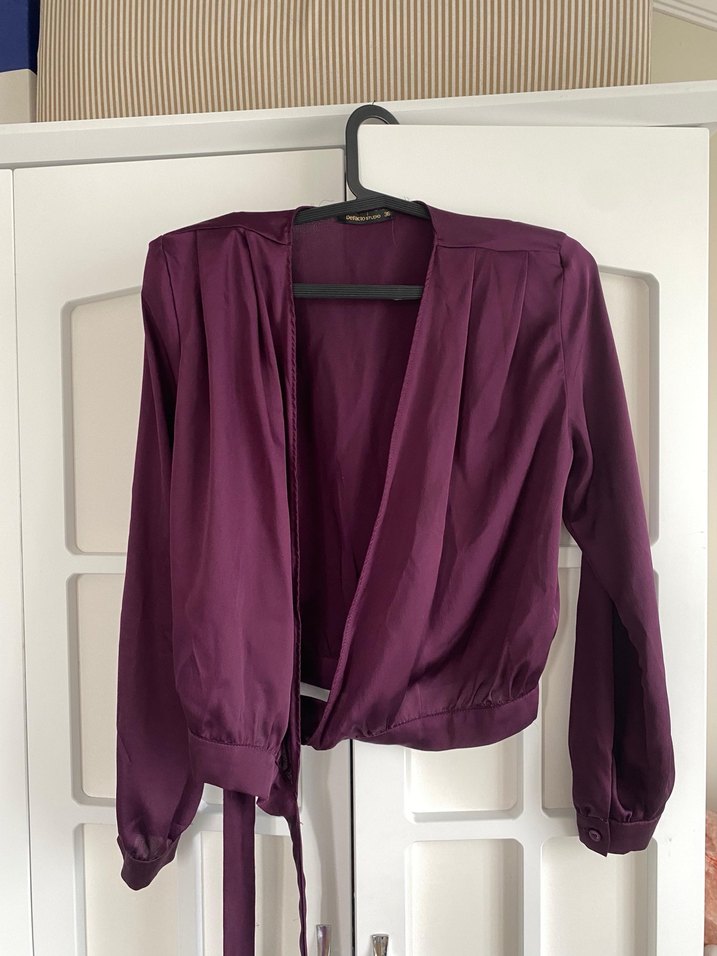 Kadın Mor Drapeli V Yaka Bluz gömlek saten - Görsel 2