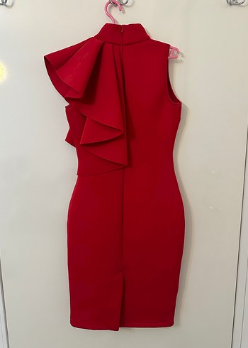 Kırmızı Fırfırlı Yüksek Yakalı Midi Elbise - Görsel 3