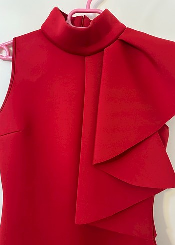 Kırmızı Fırfırlı Yüksek Yakalı Midi Elbise - Görsel 6