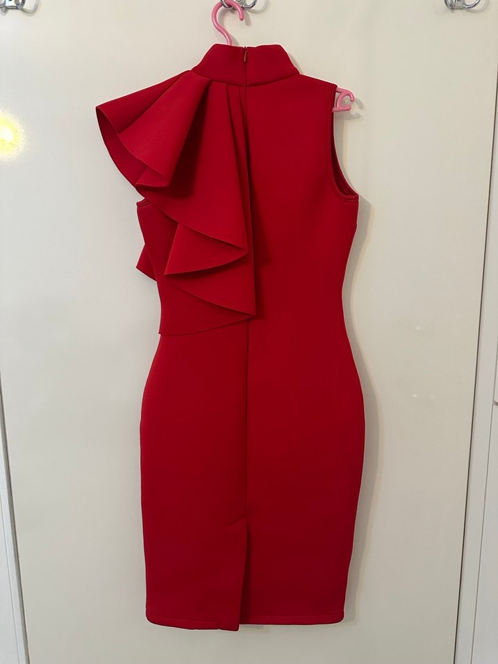 Kırmızı Fırfırlı Yüksek Yakalı Midi Elbise - Görsel 3