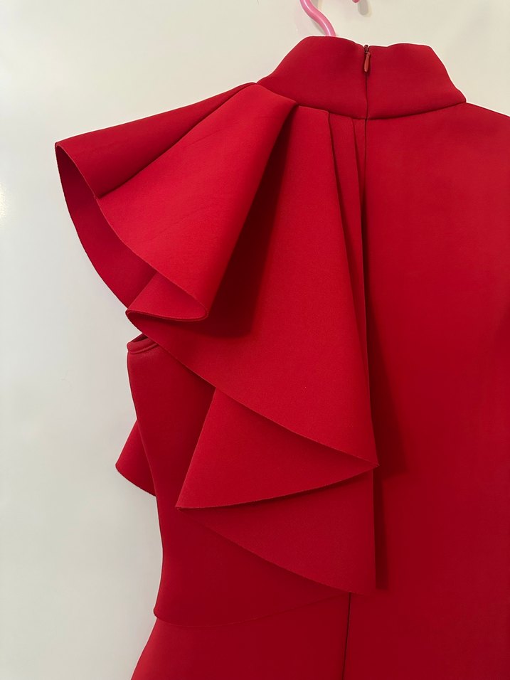 Kırmızı Fırfırlı Yüksek Yakalı Midi Elbise - Görsel 2