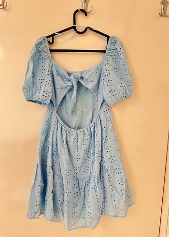 Mavi Nakışlı Pamuklu Midi Elbise - Görsel 3