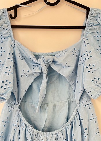 Mavi Nakışlı Pamuklu Midi Elbise - Görsel 4