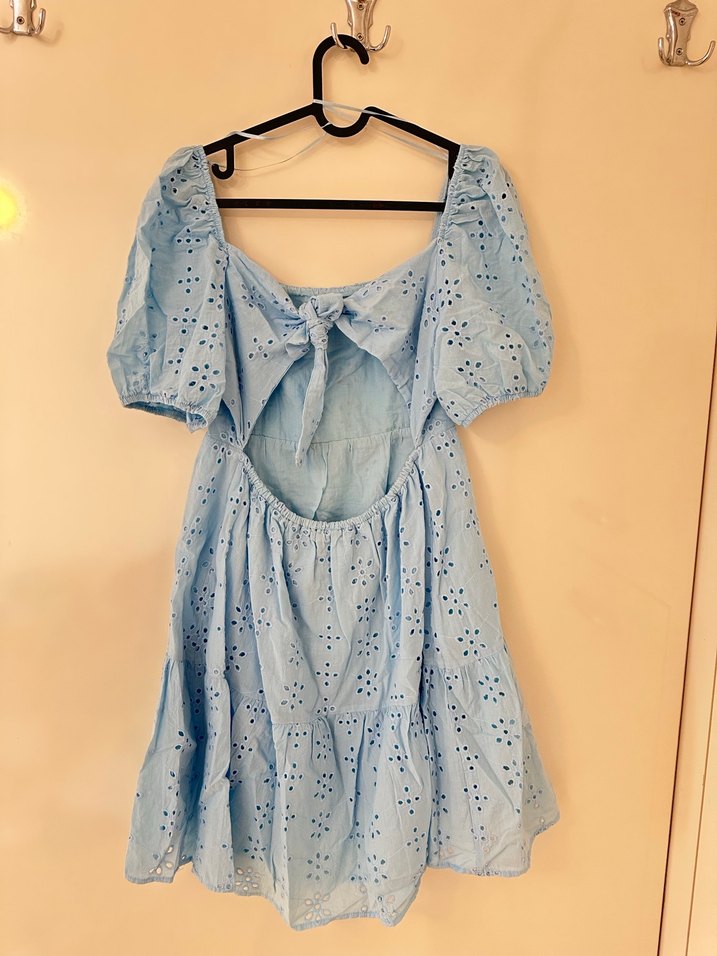 Mavi Nakışlı Pamuklu Midi Elbise - Görsel 3